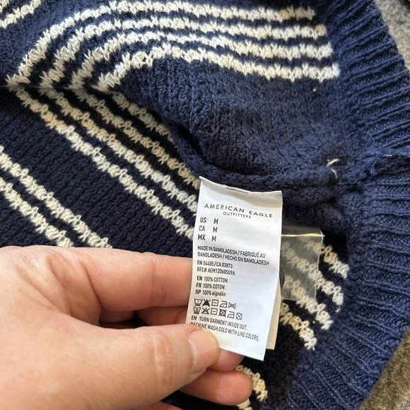 American Eagle Sweater Polo Shirt Mens Medium Blue Crochet Button Through - Picture 8 of 11